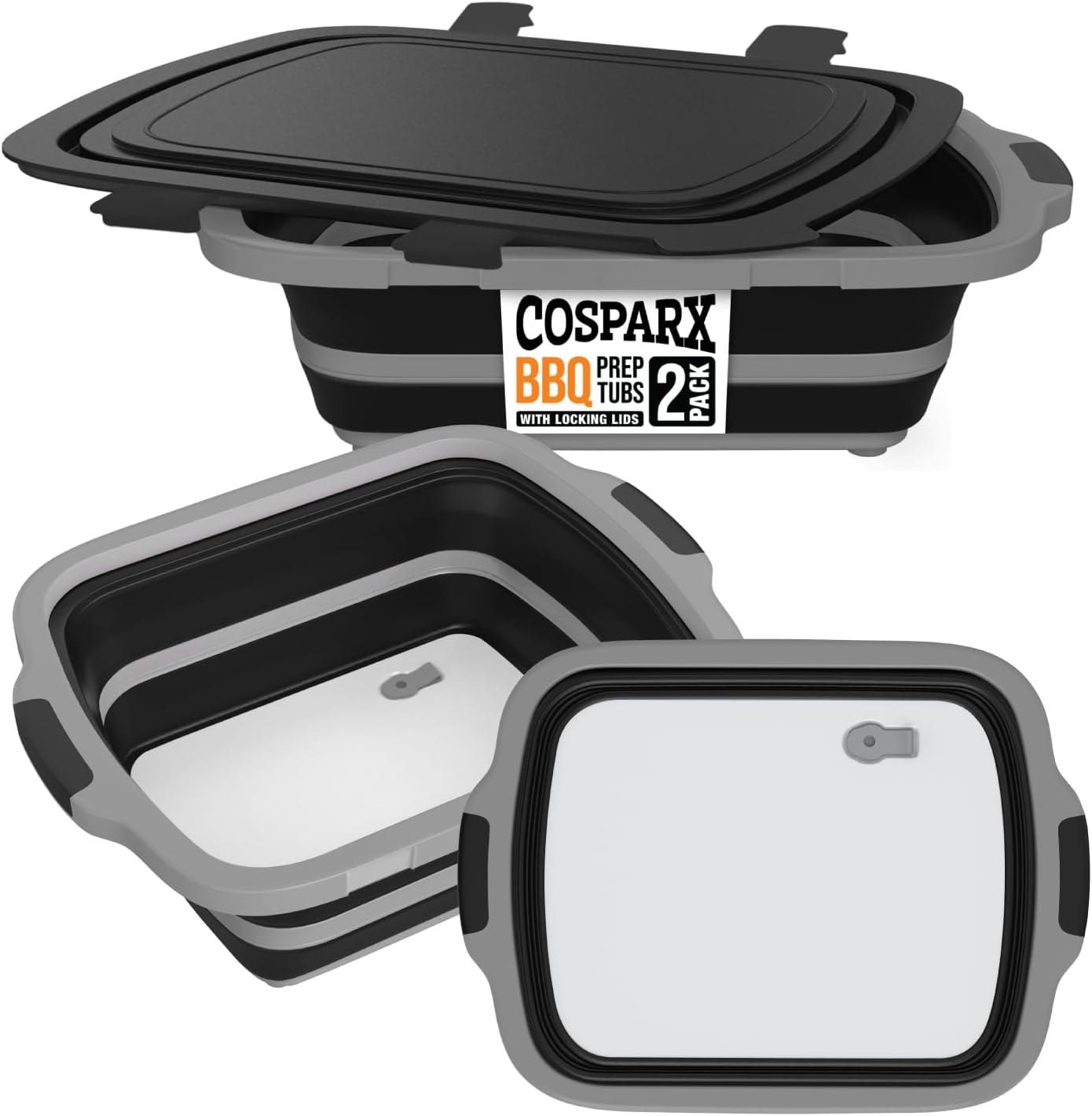 Collapsible BBQ Prep Tub with Cutting Board and Strainer Plug (2 Pack)